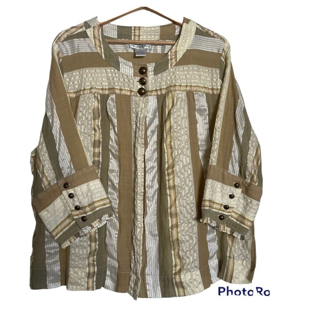 Women's Striped Button-Accent Peasant Blouse - Tan & Cream